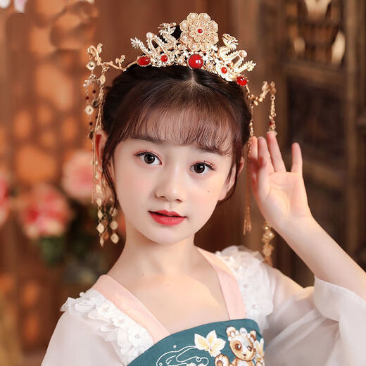 Meng Junchen children's Hanfu hair crown and headdress, ancient Tang style and Ming Dynasty tassels, ancient style fairy hair accessories, girls' performance costume accessories X-T26 red phoenix crown