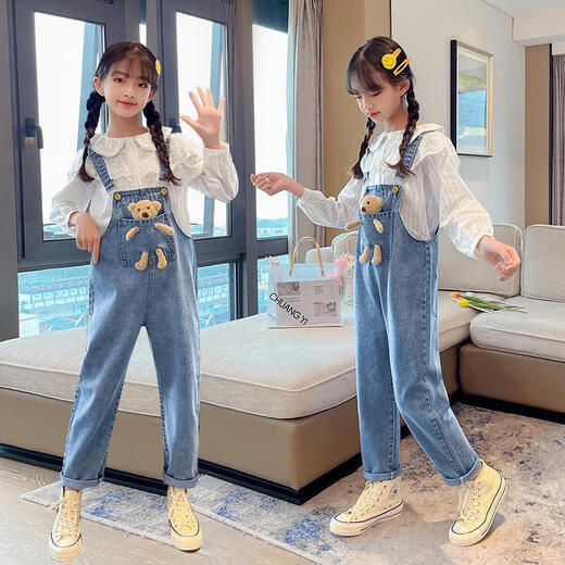 Disney (Disney) Girls Spring and Autumn Bear Denim overalls Internet celebrity fashion medium and large children's autumn casual suspenders children's pants trendy blue single piece trousers size 140 recommended height 130-140cm