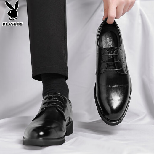 花花公子（PLAYBOY）皮鞋男2025夏季商务休闲鞋男款英伦正装鞋 黑色 41