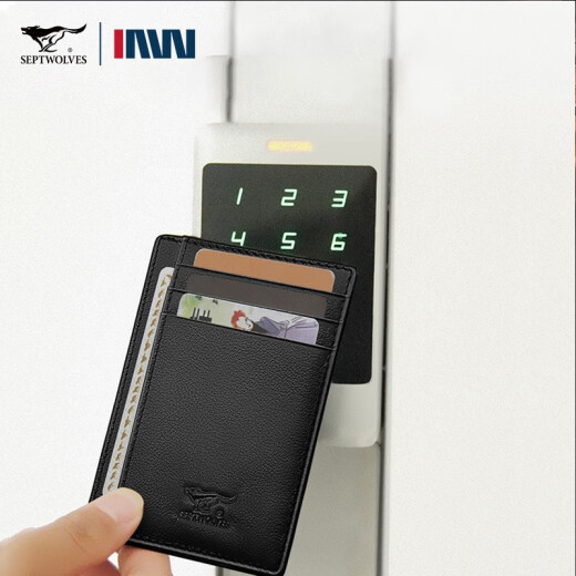 Sieben Wölfe Ultra-Thin-Karten-Bag Herren Mini tragbares multifunktionales echtes Lederkarten Laden Cowhide Card Bag Geburtstag Geschenk für Freund vertikal Schwarz