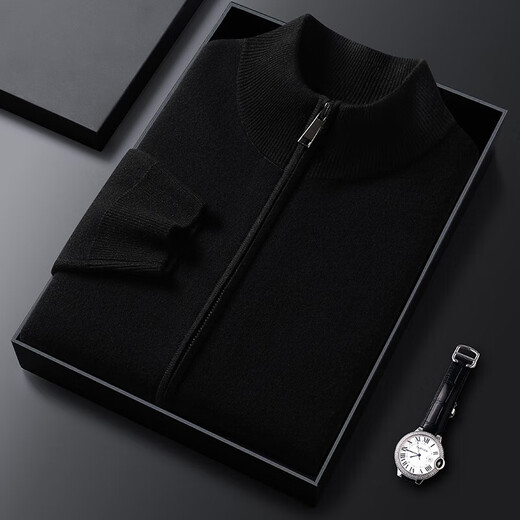 NOSSKISS men's brand pure wool cardigan men's autumn and winter stand-up collar zipper sweater casual knitted jacket black XL 180 suitable for 150-165 Jin Jin equals 0.5 kg