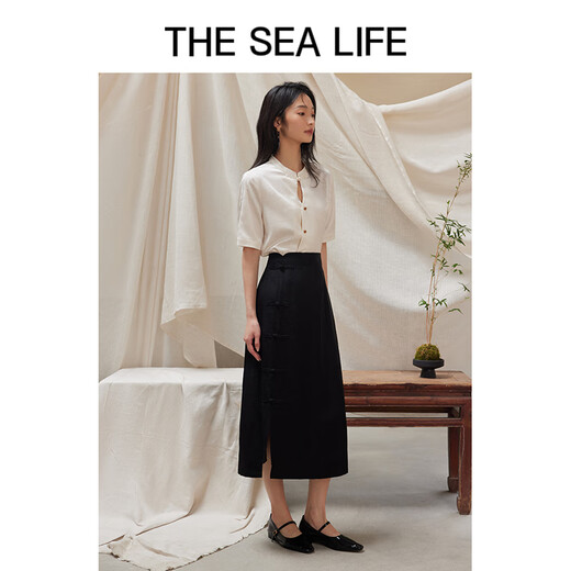 
THE SEA LIFE Ou Hai Yisheng New Chinese style high-waisted skirt for women 24 summer waist-hugging high-end black buttoned skirt Y16866 Black Mage L
