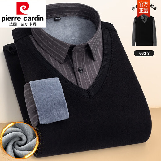 Pierre Cardin autumn and winter new warm fake two-piece knitted shirt men's long-sleeved velvet thickened pullover casual fashion men's shirt 6628 XXXXL