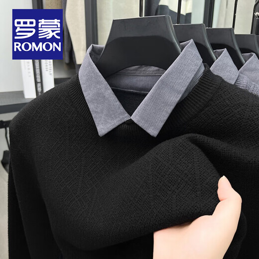 罗蒙（ROMON）假两件衬衫领毛衣男士秋冬新款加厚保暖套头打底针织衫男外穿线衣 【常规款】深灰 3XL码