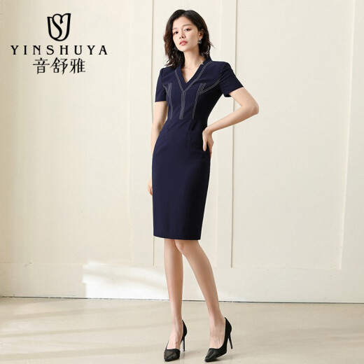 Yin Shuya business suit women's summer short-sleeved work temperament beauty salon work clothes fashionable business ol professional dress navy blue [dress] M