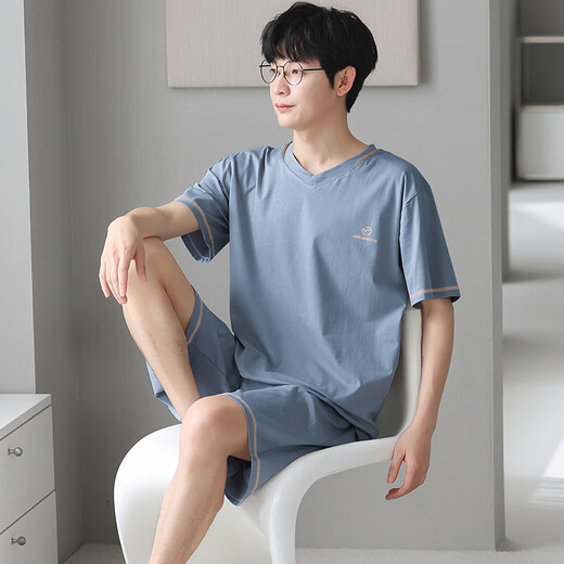 浪莎男士睡衣冰丝莫代尔触感可外穿夏季V领简约休闲家居服套装 浅蓝 2XL