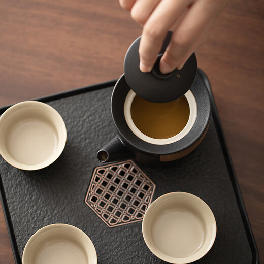 
BEYZK small tea plate two people Kung Fu small tea set home simple modern SN3886 Black pottery well railing one pot and two cups imitation black gold small long plate