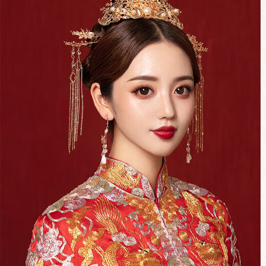 Dingjing bride Xiuhe dress headdress golden phoenix crown new Chinese style wedding tassel hair accessories high-end crown earrings set accessories