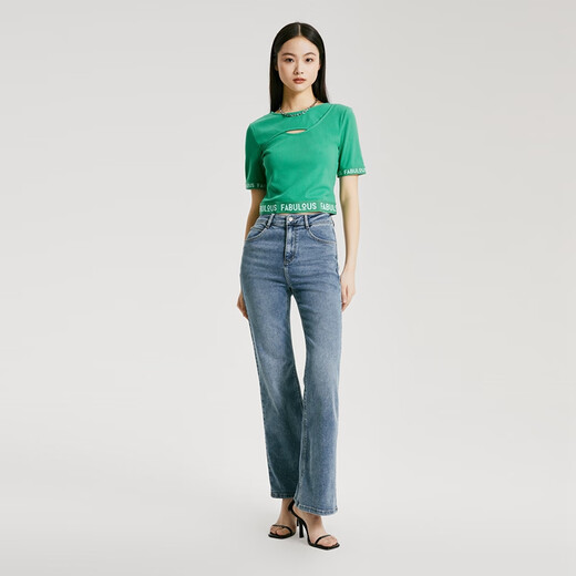 VEROMODAT shirt women's new casual versatile ribbed stitching letter short sleeve short sleeve women's F61 emerald green XS 155/76A