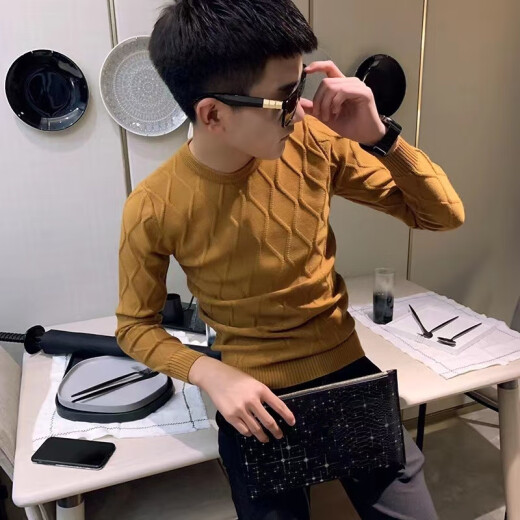 清中乔秋冬季纯色圆领毛衣男士韩版修身百搭针织衫痞帅套头紧身打底线衣 M82纽线毛衣黑色 S 建议75-90斤