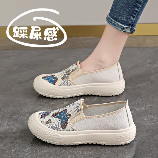 逸兼单鞋女舒适渔夫鞋25年春秋新款北京布鞋中年乐福帆布鞋一脚蹬通勤 渔夫鞋【米白色】36码