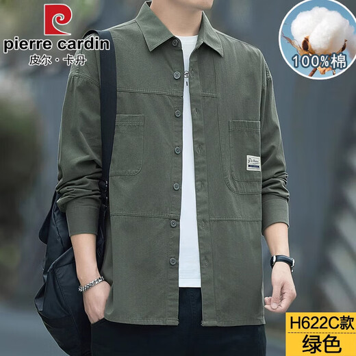 Pierre Cardin camisa de trabajo de alta gama chaqueta para hombre primavera y verano fina suelta casual bolsillo real camisa de algodón de manga larga de moda para hombre 6007-gris verde (manga larga) XL 175 recomendado 140-155 Jin Jin equivale a 0,5 kg