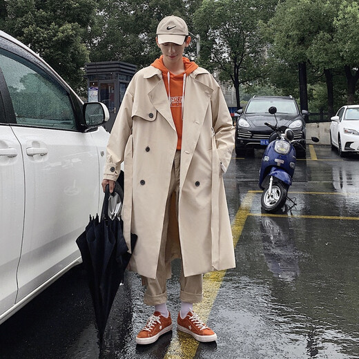 Mid-length windbreaker for fat men plus size plus size trendy coat Korean style casual loose over the knee spring and autumn Hong Kong style 8825 Khaki XL 170-220Jin Jin is equal to 0.5 kg