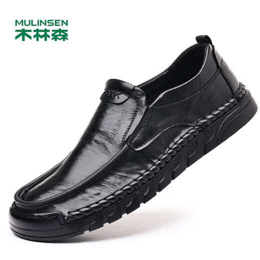 木林森男鞋秋季新款男士皮鞋软底真皮一脚蹬开车休闲乐福鞋中老年爸爸鞋 9197款黑色套脚款 43