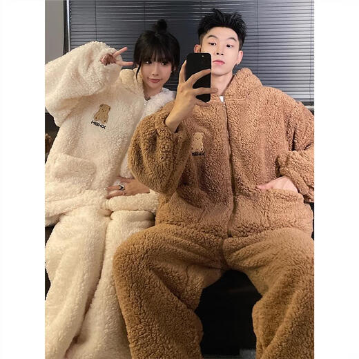Rich Couple Bear Pajamas Women's Autumn and Winter Coral Velvet Flannel Men's Winter Hooded Thickened Home Clothes Set XY Velvet #66743 Male L (Weight 95-120
