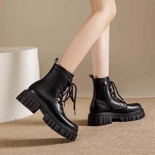 Lekali British style Martin boots for women, thick sole short boots, small heightened leather shoes with skirt work boots single boots for women, black 38
