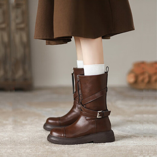 Neun-Zoll-Sonnenschein Maillard Midrohr Martin Boots Frauen Kurzstiefel 2025 Frühling und Herbst neue Frauenschuhe Western Retro Round Zehen dicke Ferse-Modestiefel mittelschwere Stiefel Frauen Brown 39