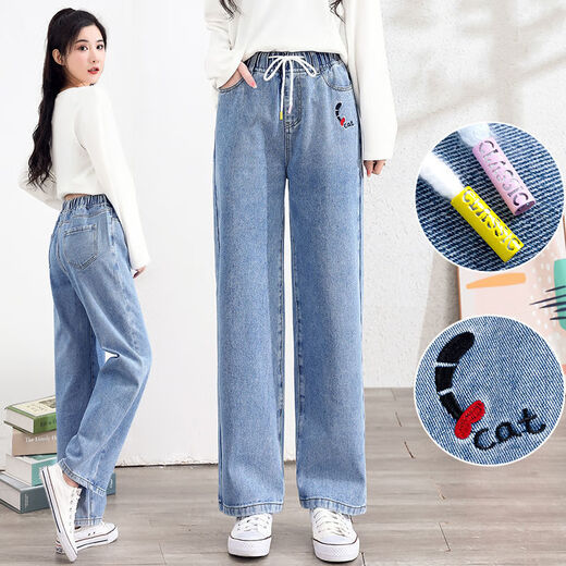 Los pantalones casuales sueltos usados ​​por la niña en la primavera y el verano de los jóvenes estudiantes de secundaria con jeans de pierna ancha para niñas jóvenes con niños grandes en primavera y otoño 12 1 9856 azul one size xl 98-105jin [Jin equivale a 0.5 kg] desgaste