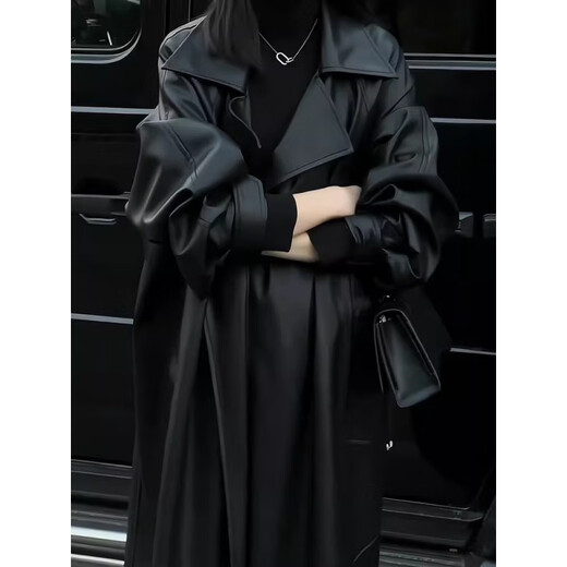 MODX Hong Kong women's high-end fashion windbreaker women's loose 2024 autumn and winter new temperament mid-length leather jacket regular black version leather jacket with belt S 110Jin Jin is equal to 0.5 kg within