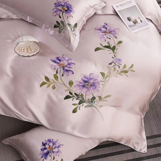 Shibeini National Trends Bedding Single Hand Painted Silk Four-Piece Set Double-sided 100% Mulberry Silk Quilt Cover Bedding Kit Yuncai Fengshu 3878 1.8-meter Bed Sheet Style (Quiet Cover 200x230cm)