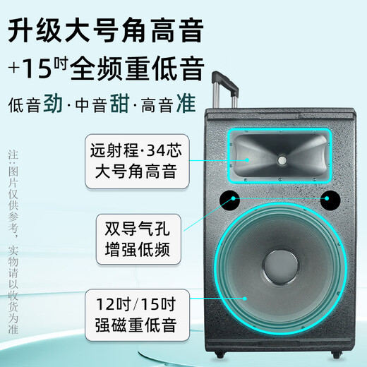 European and American sound mobile audio outdoor karaoke professional outdoor band large stage performance equipment square dance high-power Bluetooth singing trolley speaker 158M 15-inch super bass 500W 2* wireless U-segment metal microphone + spree