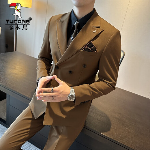 Woodpecker (TUCANO) brown double-breasted suit men's suit British slim men's large size suit three-piece wedding groom's dress trendy dark green (single suit) 50/L (112-125Jin Jin equals 0.5 kg)