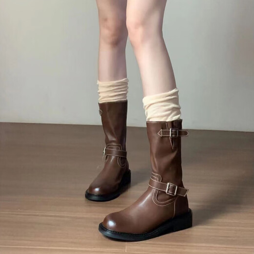 Xuanyan Mid-Tube Martin Stiefel für Frauen Mode und vielseitiger Western Denim Knight Retro Maillard Stiefel 2025 neuer Stil Brauner Stiefel mit mittlerer Röhre 37 kleine Größe