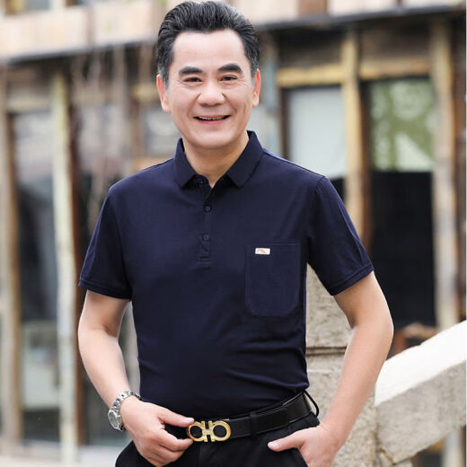 普戈斯夏季纯棉短袖t恤男士宽松中老年男装翻领上衣大红色夏天爸爸衣服 翻领701红色 XL 52# 【135-150斤】