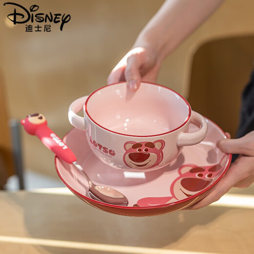Disney (Disney) Erdbeerbären -Cartoon Keramikgeschirr süßes Kinder Edelstahlgabel Löffel Löffel eine Person Eat Reisschüssel Nudelschüssel Teller Erdbeerbärengabel [Kieselgel + 304 Edelstahl]