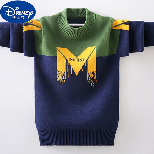 迪士尼（Disney）男童毛衣套头秋冬款加绒加厚保暖线衣男孩洋气中大童儿童针织衫潮 酒红色 不加绒 M字母 140cm