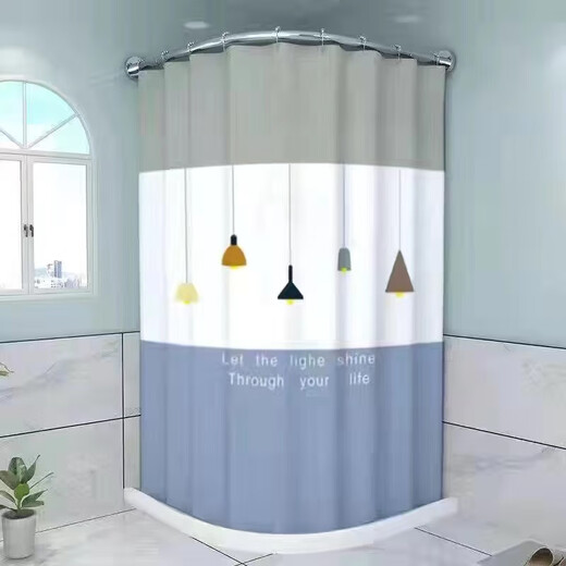 Magnetic shower curtain set without punching in bathroom waterproofing and wet separation bathroom curved rod shower partition tarp chandelier [polyester fiber thickened fabric] curved A style + thickened shower curtain + hook