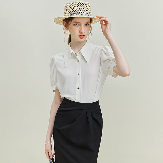 Fan Silan 23FS12596 French pointed collar short-sleeved shirt for women's summer new puff sleeves slimming top New leaf green S