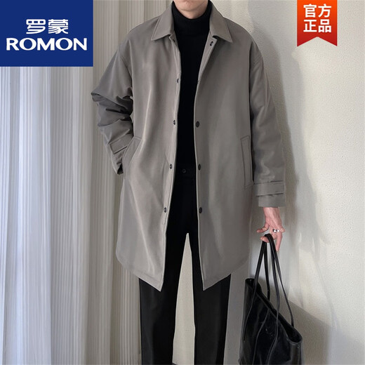 ROMON Spring and Autumn Korean Style Casual Loose Handsome Lapel Windbreaker Men's High-Quality Temperament Versatile Mid-Length Jacket. Black XL