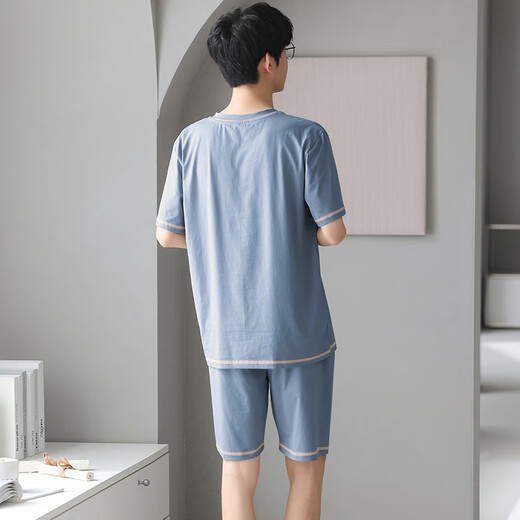 浪莎男士睡衣冰丝莫代尔触感可外穿夏季V领简约休闲家居服套装 浅蓝 2XL