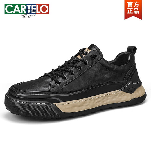 卡帝乐鳄鱼（CARTELO）鞋子男秋天新款低帮皮面透气轻便板鞋男士春秋季休闲运动工装鞋潮 L1391黑色 41