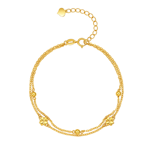 Saturday Fortune Yellow 18K Gold Bracelet for Women Double Chain Four Leaf Clover Bracelet Birthday Gift C0711961 16+3cm