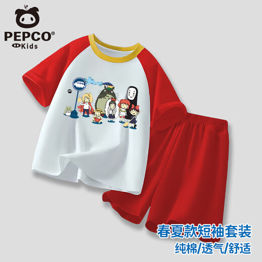 小猪班纳男童女童纯棉短袖短裤夏季哪吒敖丙套装插肩T恤运动短裤 粉色-哪吒 （套装） 130 建议身高120-130CM