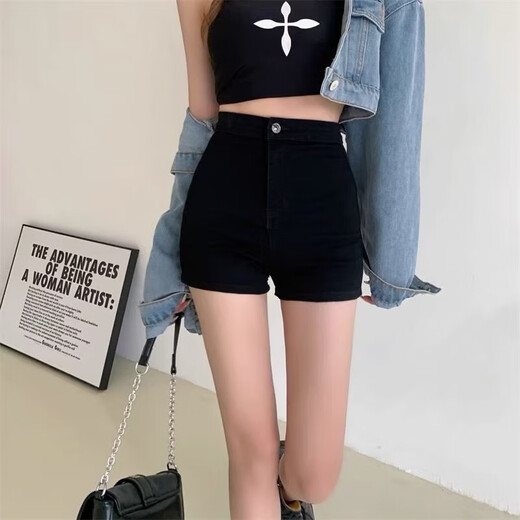 Miao Yijia black shorts for women in autumn and winter high waist denim shorts slimming girls hot pants with boots showing long legs hot girl shorts denim shorts black L