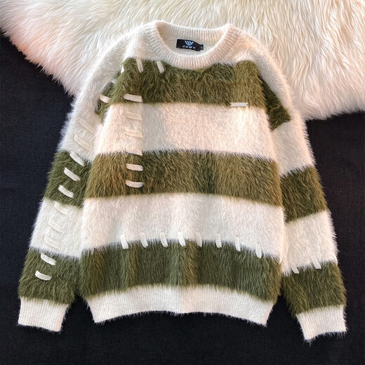 Style Rabbit Sweater Women's 2025 New Winter Stripe Contrast Color Age Reduction Thickening Design Loose Lazy Trendy Knitted Sweater Green One Size