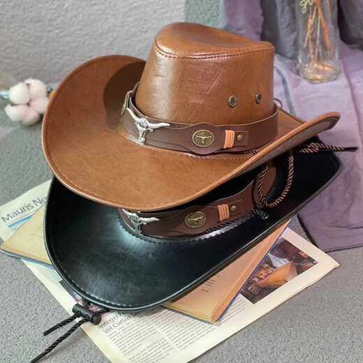 Woodpecker Big Bull Head Retro Western Cowboy Hat for Men and Women Spring and Autumn Outdoor Travel Sun Hat Large Brim American Jazz Hat for Men Cow Head Belt Imitation Leather Jazz Hat Camel JSM-03 One Size 55-59CM