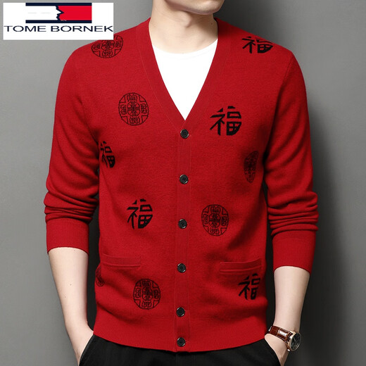 
Tommy Heelly Middle-aged and Elderly Red 100% Wool Men's Clothes Knitted Cardigan Jacket Dad Loose Sweater Big Red 110