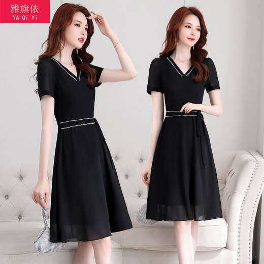 Yaqi Yi Dress 2020 Summer New Women's Large Size Korean Style Slim Fashion Temperament Medium Long Short Sleeve Chiffon Dress Women's Party Work Black XL
