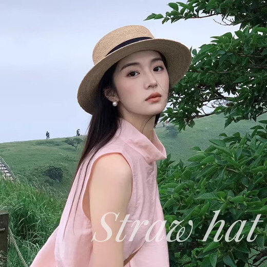 2025 neuer französischer flacher Top Strohhut Frauen großer Kopf Zaun Strand Strand Top Hut Stricker Hut Sommer Flat Top Strohhut-Rice Black-1 Top