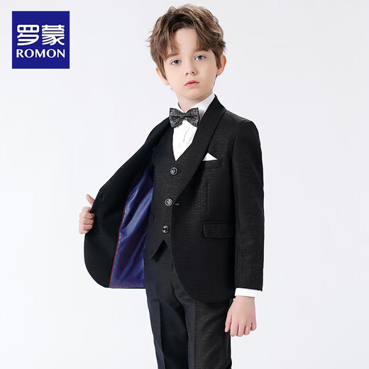罗蒙儿童西装套装男童礼服英伦主持人钢琴演出服秋 亮丝黑色5件套 130