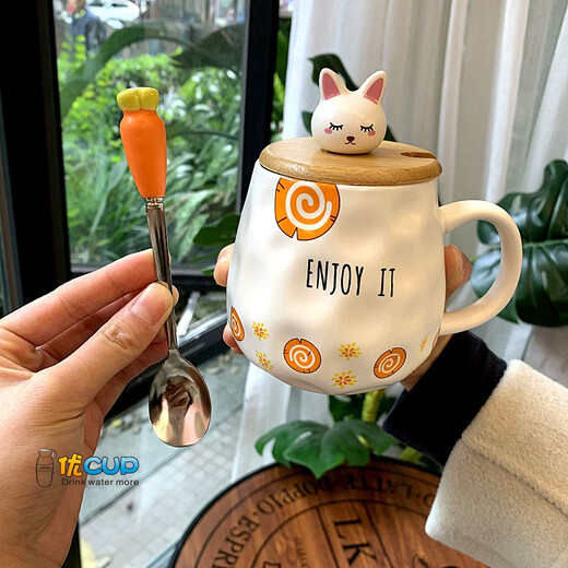 Poppy Bear Cute Cartoon Rabbit Ceramic Mug with Lid Spoon Carrot Girls Breakfast Office Oatmeal Milk Water Cup Wood Grain Carrot + Wooden Lid + Carrot Spoon 1 piece 400ml