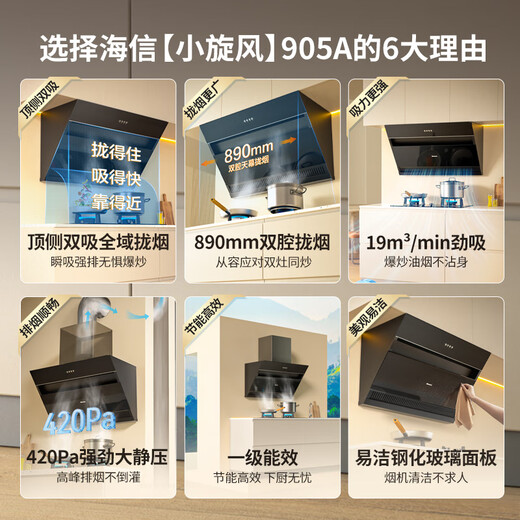 Hisense Range Hood Range Hood Rangos Hood Hood Rango de rango de rango de hogar 19 Cubo Cúbico High Suction Succión Bajo Ruido Succión Descarga directa DJ905A [Velocidad de tornillo Succión grande] Cortina de cielo doble Cortina Fumo, oleofóbico fácil de limpiar
