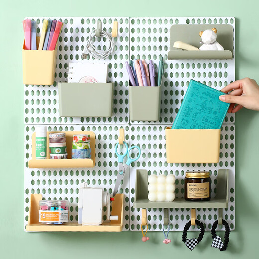 Perforated board storage rack dormitory punch-free wall hanging college student desk organizer desktop wall storage display accessories white bottom plate + white and yellow accessories (two sets) 1 layer
