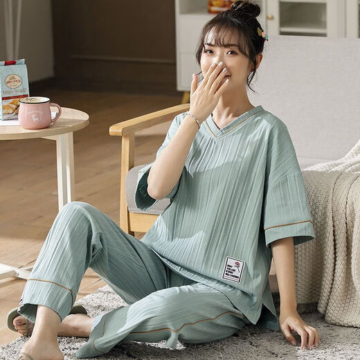 浪莎（langsha）睡衣女夏季棉质短袖薄款套装加大码胖mm200斤可爱卡通宽松家居服 B9923七分裤 M (80-100斤内)