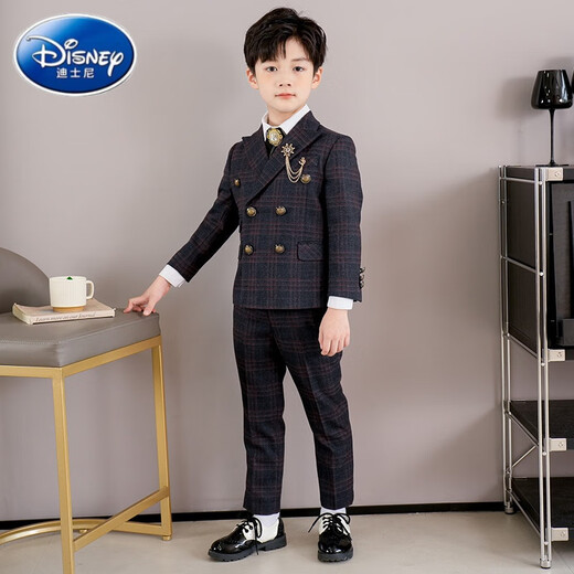 Costumes pour enfants Disney, beaux combinaisons de garçons de fleurs, robes de garçons britanniques, performance de piano pour enfants du milieu à la place, manteau orange bleu foncé + gilet + pantalon + fleur de col + poitrine 90 cm Poids recommandé 25-30 Jin [Jin est égal à 0,5 kg]