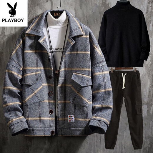 Playboy Jacket Men's Jacket Autumn and Winter Thickened Casual Suit Korean Style Men's Clothing Set with Handsome Cotton Clothes Trend Blue Jacket + Black Sweater + Pants Thickened L Recommended 100-115 Jin Jin equals 0.5 kg